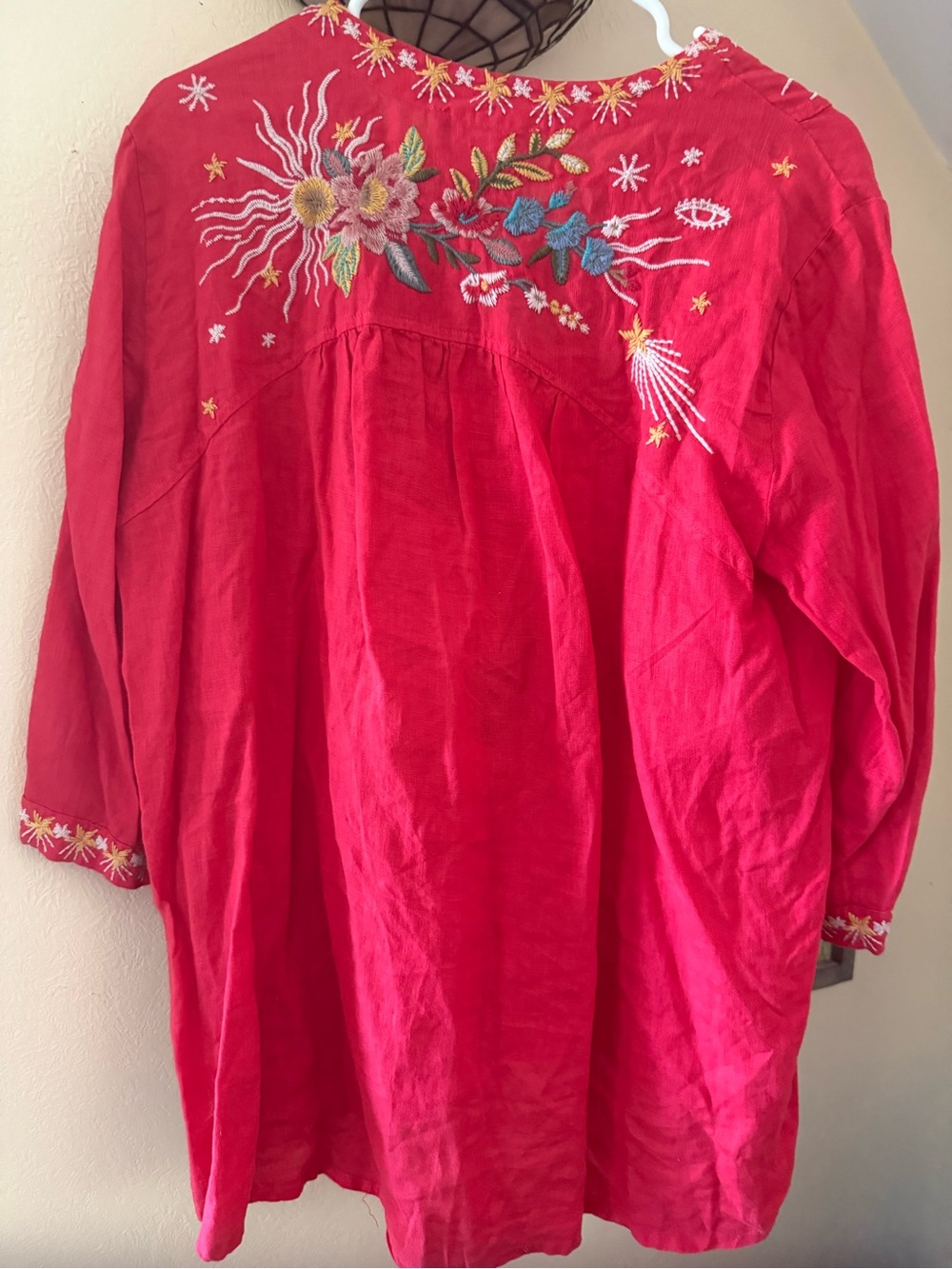 Johnny Was Cotton Embroidered V-Neck Red Peasant Top - Picture 3 of 8